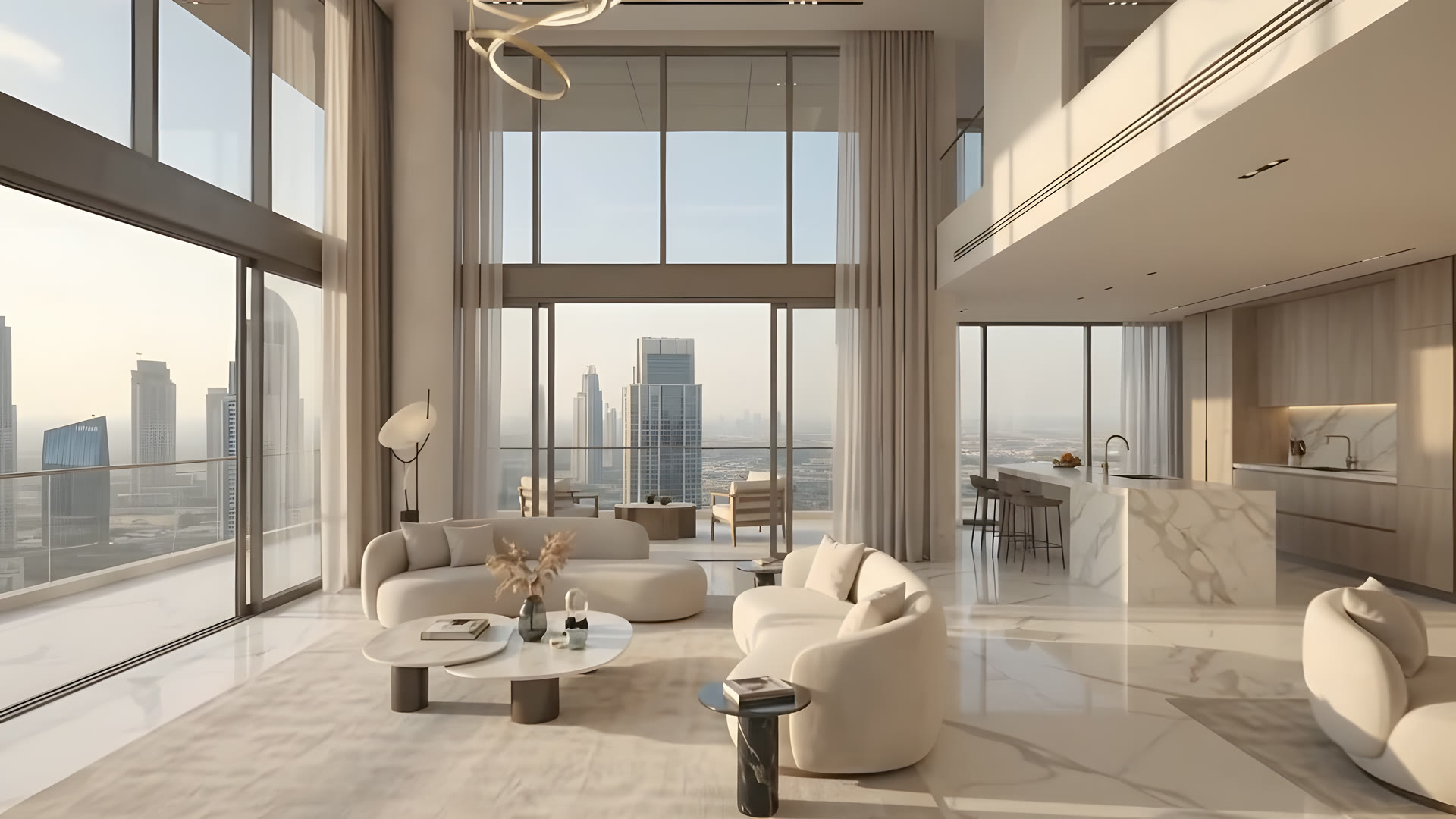 Double-height living room with cream sofas and floor-to-ceiling windows