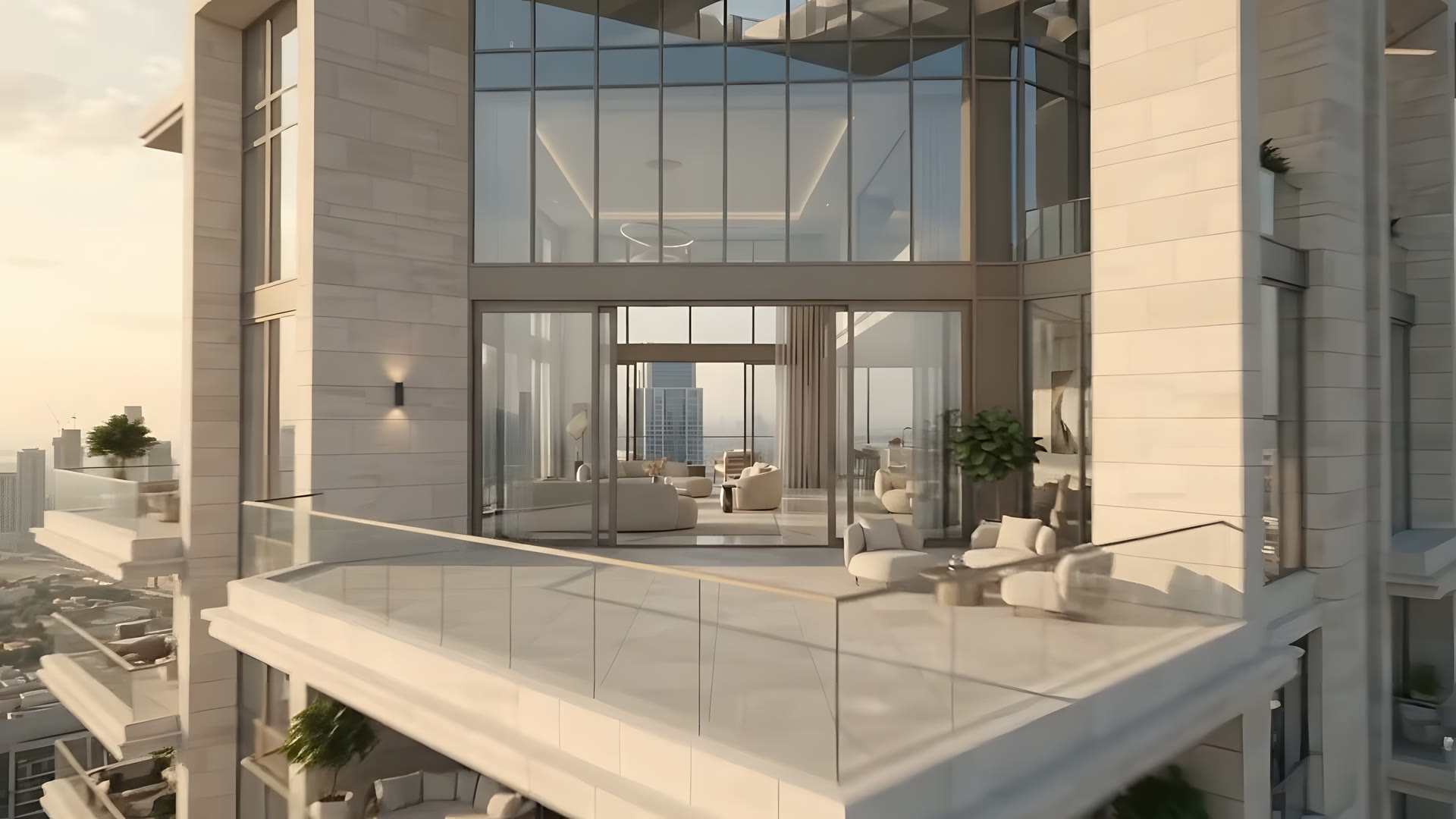 Glass-fronted terrace opening onto a bright lounge